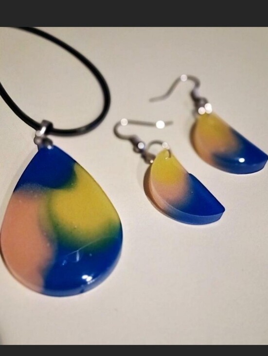 Handmade Jewelry - Handmade Multicolor Teardrop Resin Necklace & Earrings Set